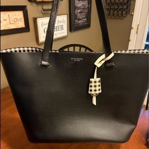 Henri Bendel black leather tote with gingham interior